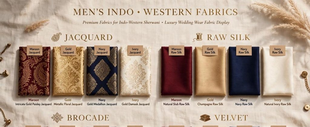 • Jacquard & Brocade: Rich zari work in maroon, gold, navy, ivory — best for wedding sherwani
• Raw Silk: Natural slub texture, subtle shine — classy for kurta-jackets
